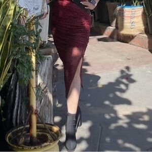 Ruched Burgundy Midi Skirt with Side Slit - Unbranded